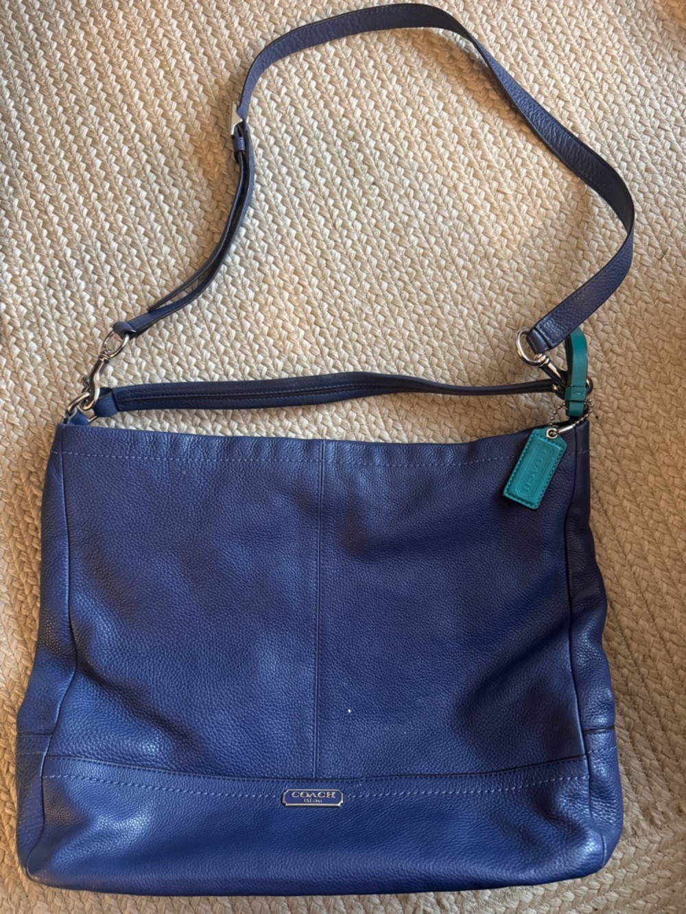 Coach  Blue Pebbled Leather Hobo Shoulder Bag with Teal Accent - Picture 3 of 5